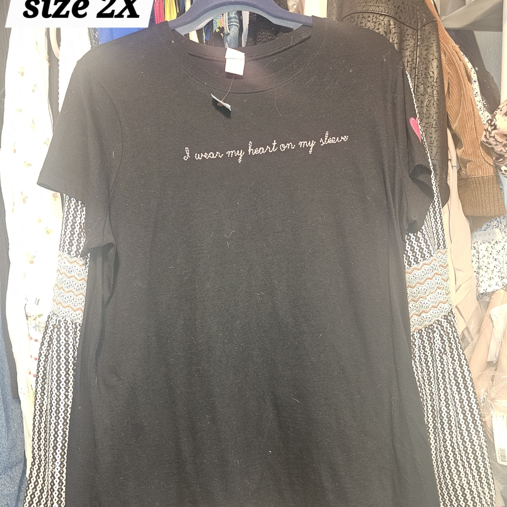 Black Short Sleeve Tee with Embroidered Text